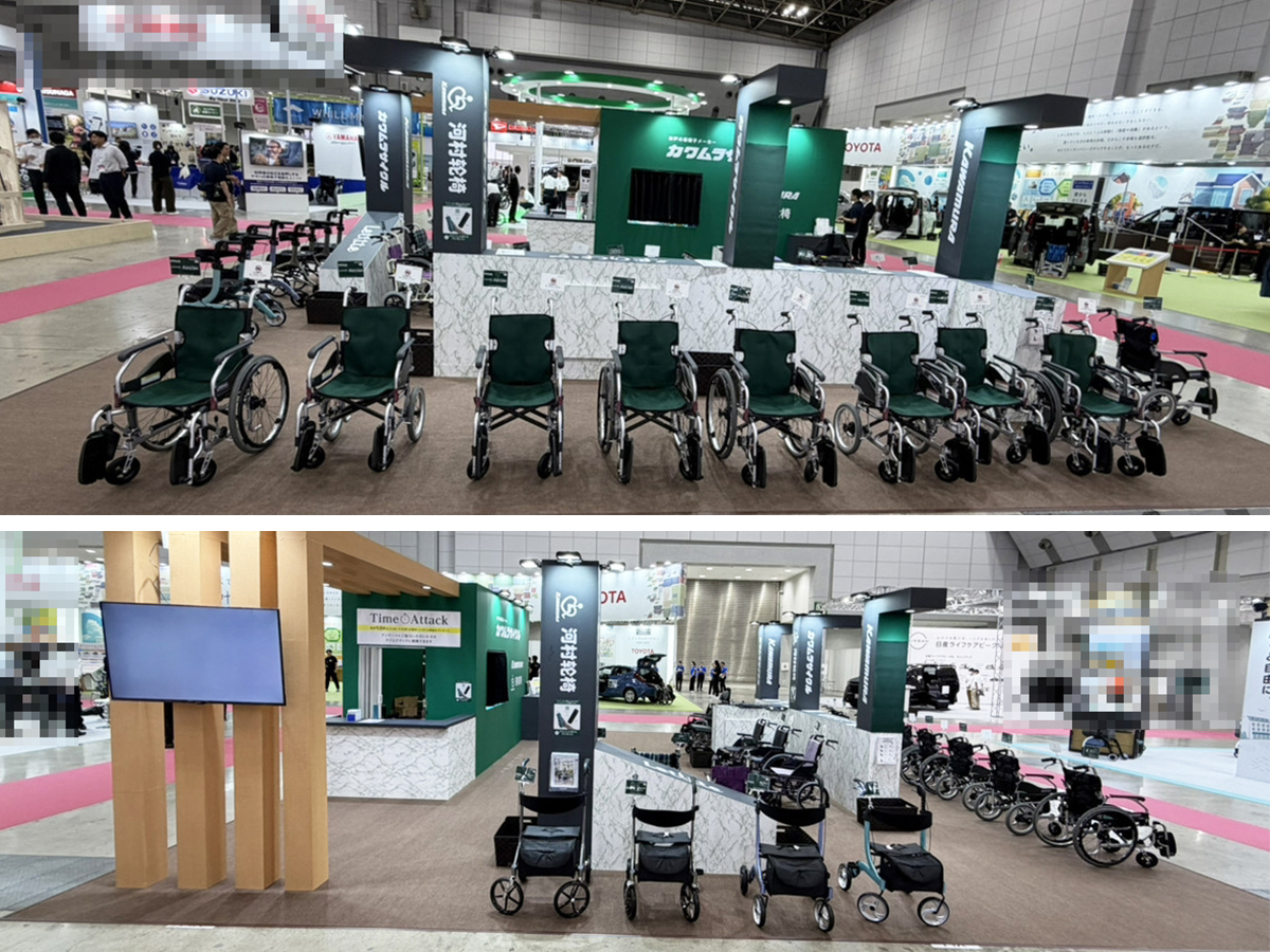 国際福祉機器展で車いすを展示しているカワムラサイクルのブース